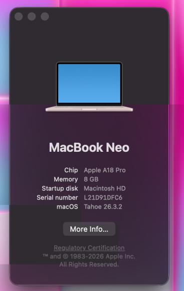 MacBook Neo About This Mac dialog showing A18 Pro chip, 8 GB memory, macOS 26.3.2
