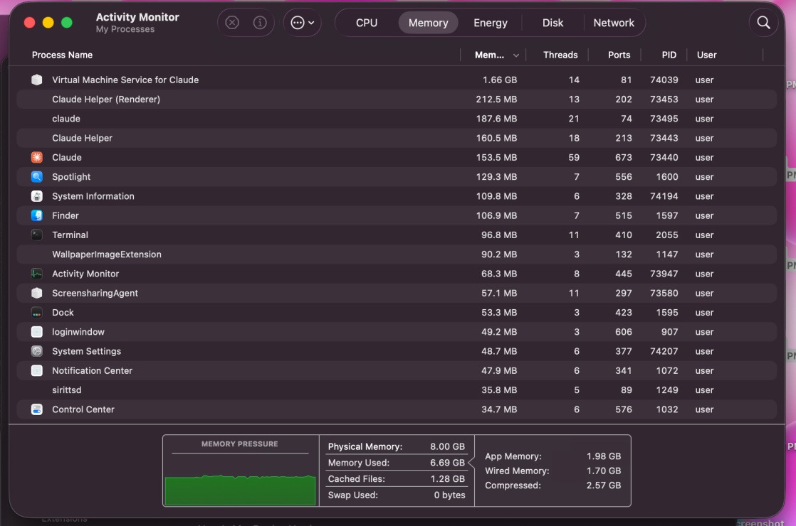 MacBook Neo Activity Monitor Memory tab showing memory pressure and compression with Claude Code running