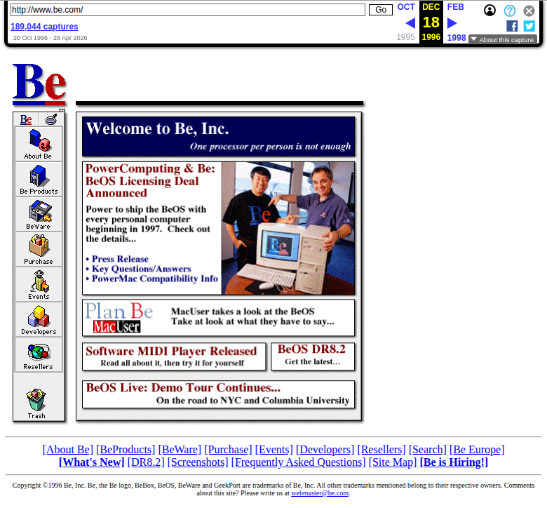 be.com homepage from December 18, 1996, showing the One processor per person is not enough slogan and Power Computing licensing banner