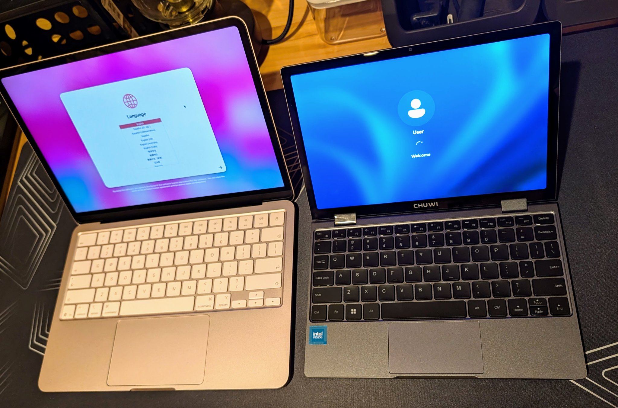 Top-down view comparing MacBook Neo and Chuwi MiniBook X keyboards