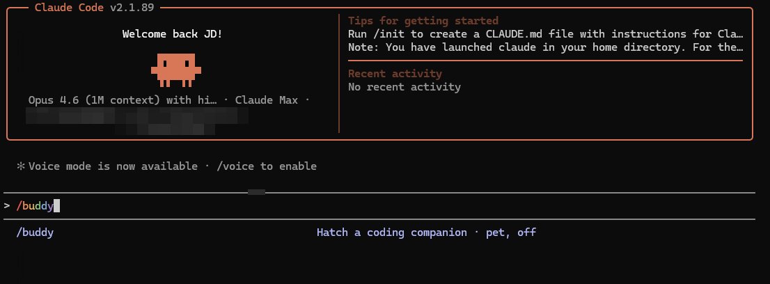 Claude Code terminal showing /buddy in slash command autocomplete