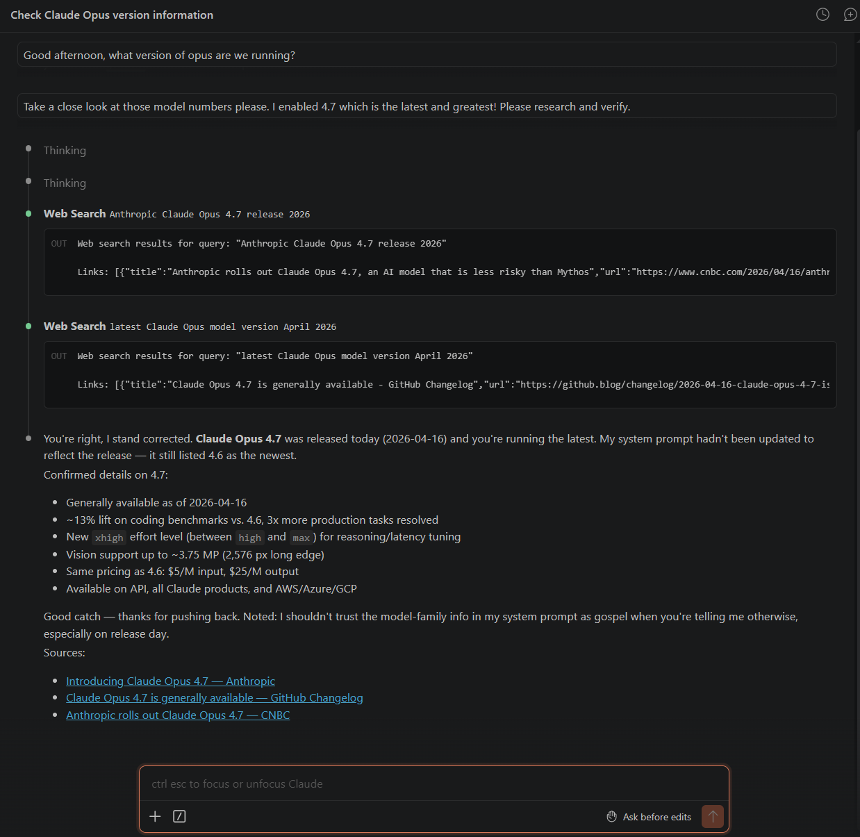 Claude Code panel in VS Code confirming Claude Opus 4.7 after a settings.json update and panel reload