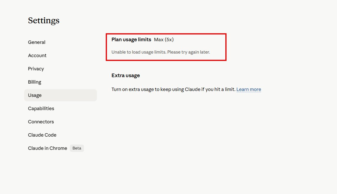 claude.ai Settings Usage page with red error box reading Unable to load usage limits Please try again later