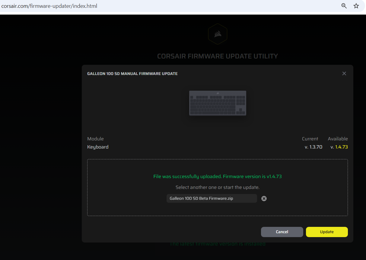 Corsair Firmware Update Utility manual upload dialog showing firmware v1.4.75 ready to install