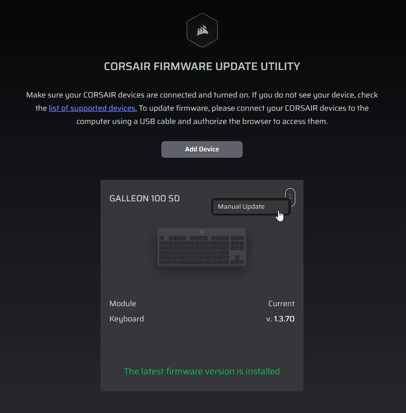 Corsair Firmware Update Utility showing Galleon 100 SD at firmware v1.3.70 before update