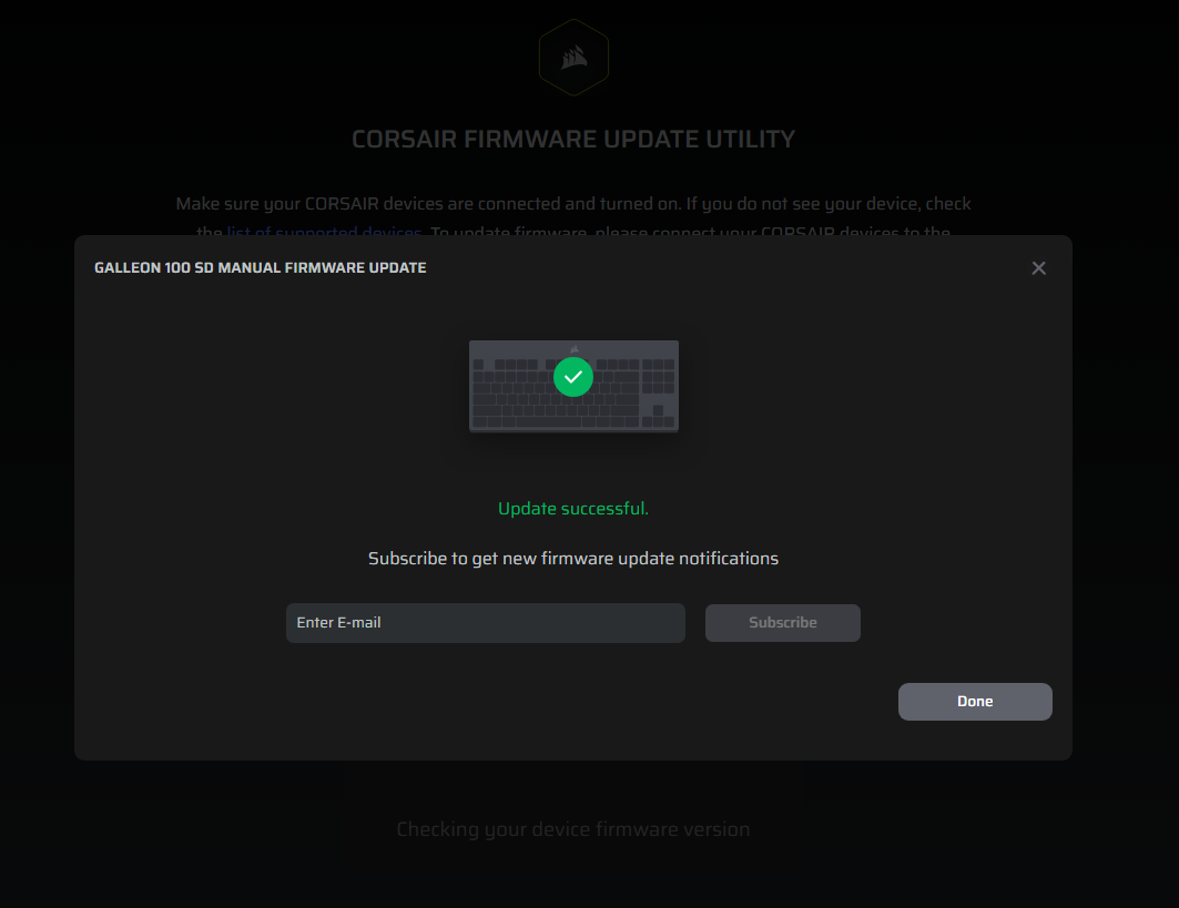 Corsair Firmware Update Utility showing Update successful with green checkmark