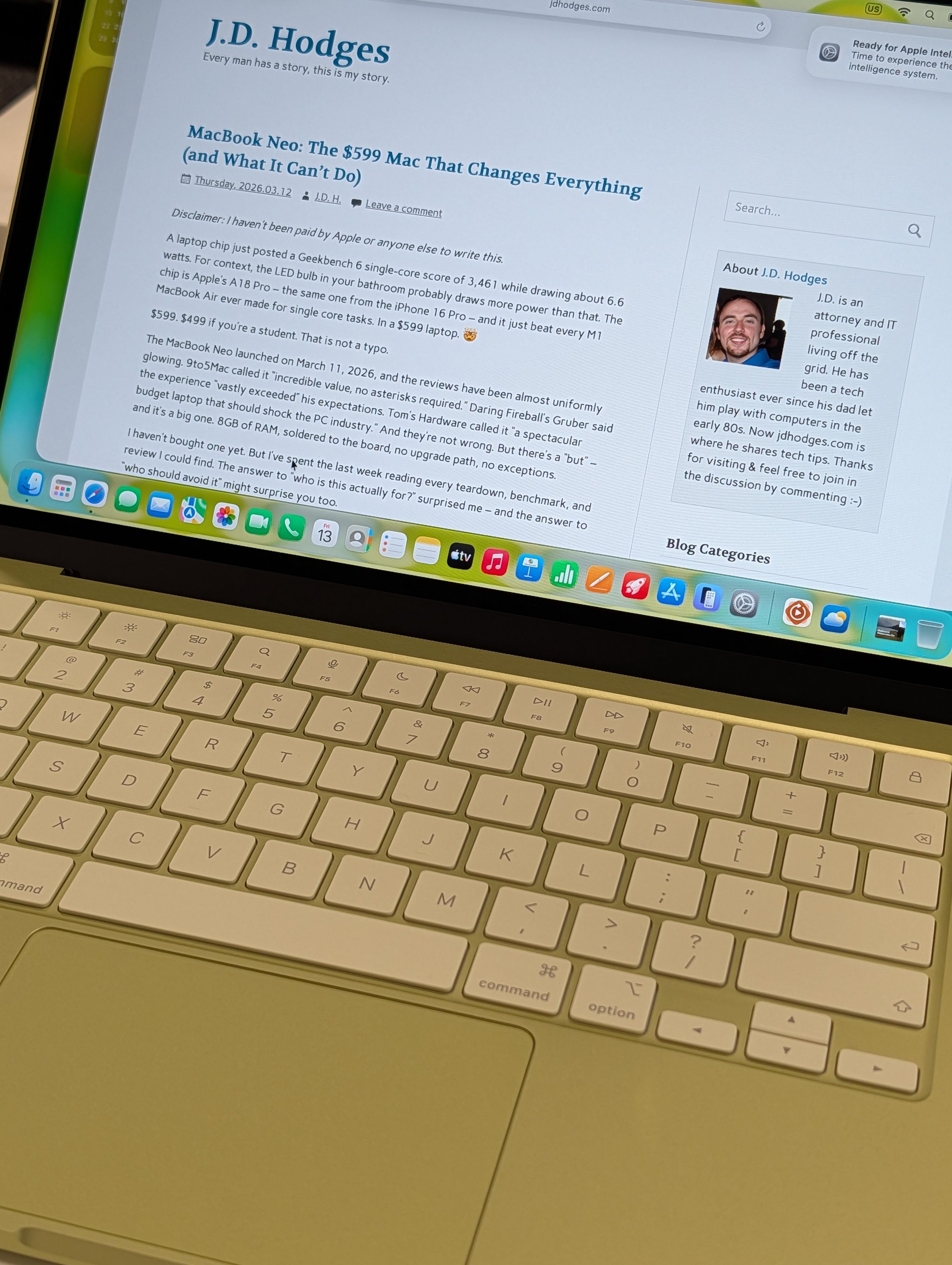 MacBook Neo running jdhodges.com in Safari, showing the $599 Mac's Starlight keyboard and Liquid Retina display