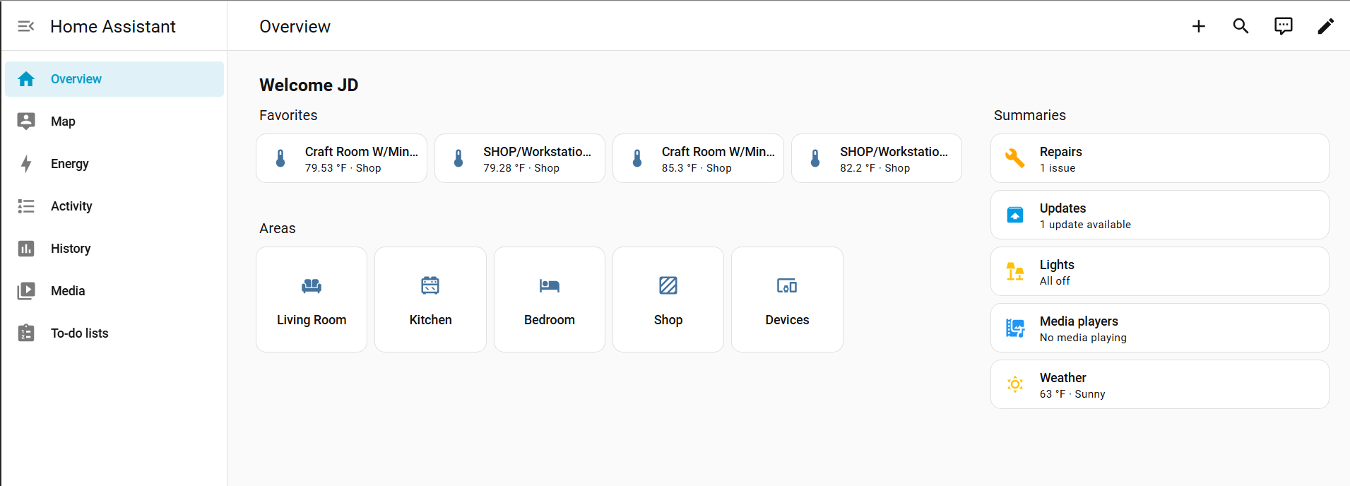 Home Assistant dashboard overview running on the Minisforum MS-01 with room temperatures across multiple buildings