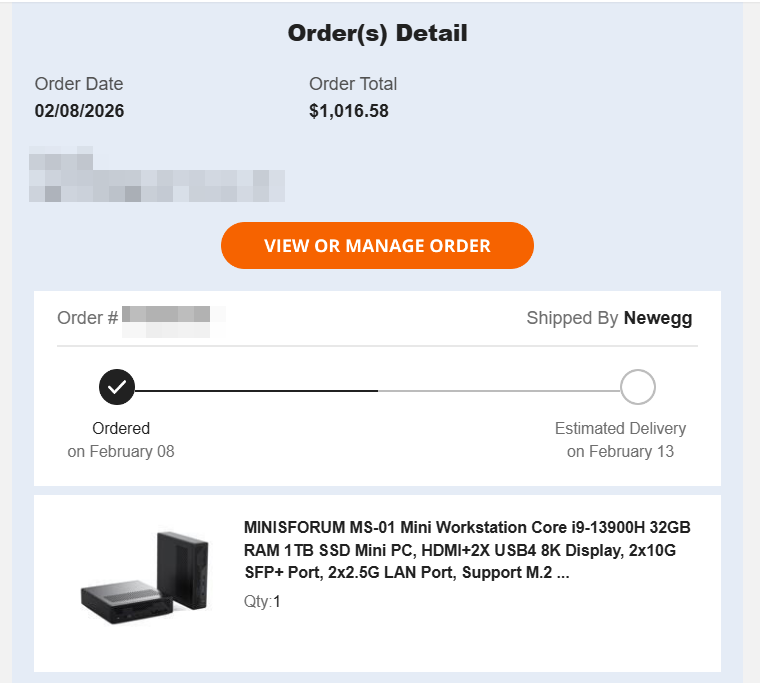 Redacted Newegg order confirmation showing Minisforum MS-01 purchase date February 8 2026 and total price 1016.58