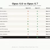 Letter-grade scorecard comparing Claude Opus 4.6 Max and Claude Opus 4.7 Max on a WordPress modernization planning task, with Opus 4.7 winning overall A- to C