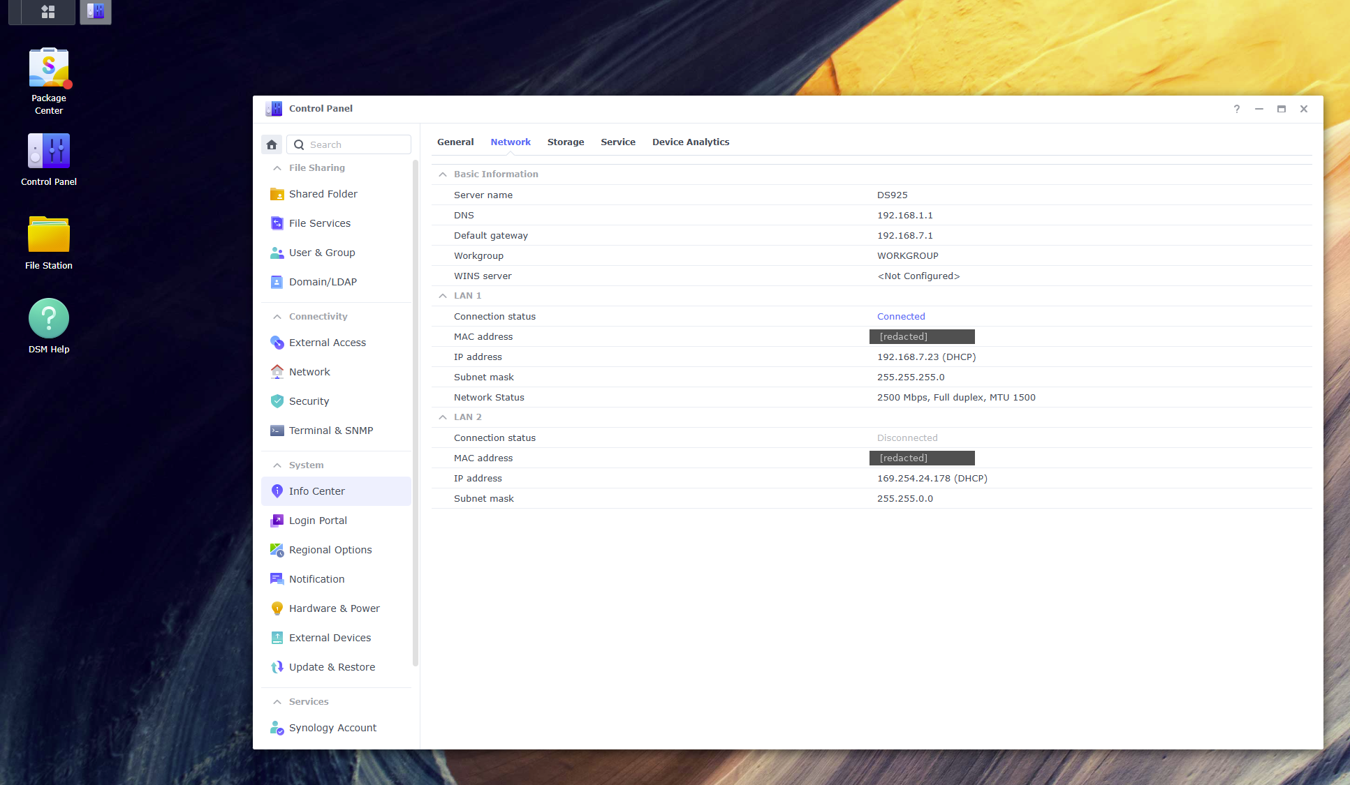 Synology DSM Info Center Network tab showing MAC addresses for network interfaces