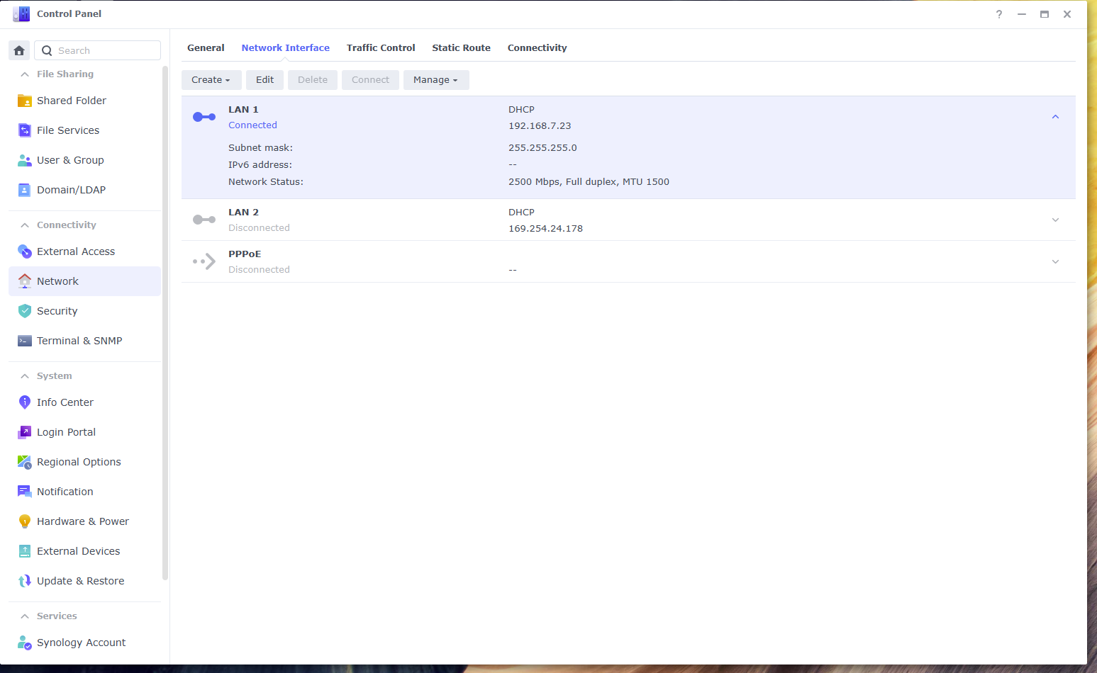 Synology DSM Network Interface panel showing interface details without the MAC address