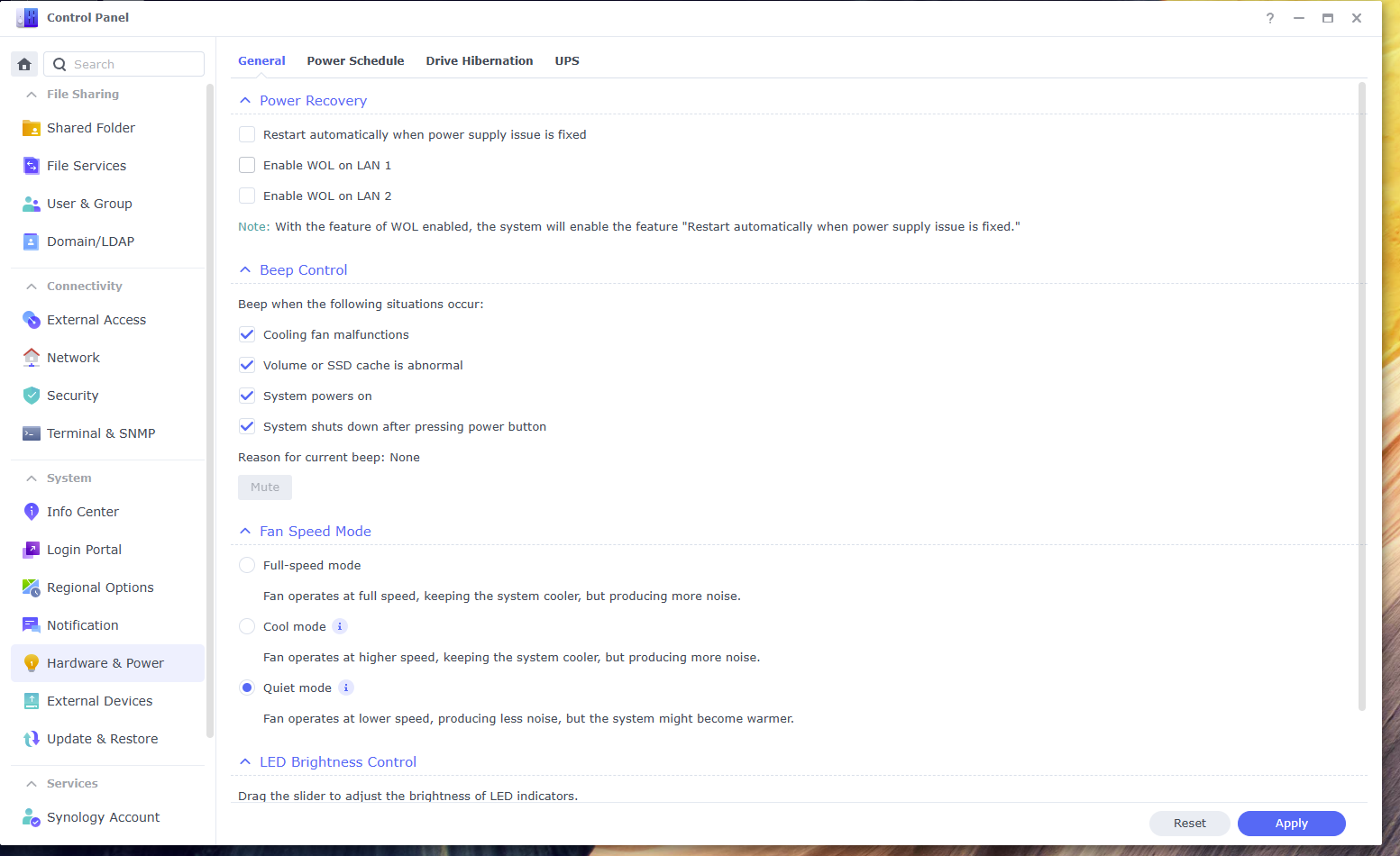 Synology DSM Hardware and Power panel showing Wake-on-LAN checkboxes