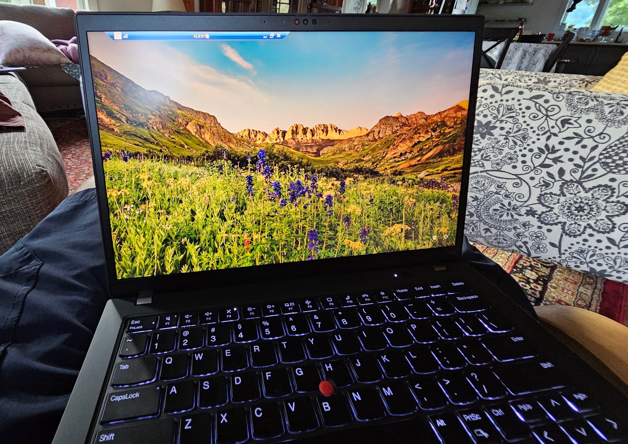 ThinkPad P14s Gen 6 laptop with backlit keyboard and wildflower wallpaper on the 14-inch display