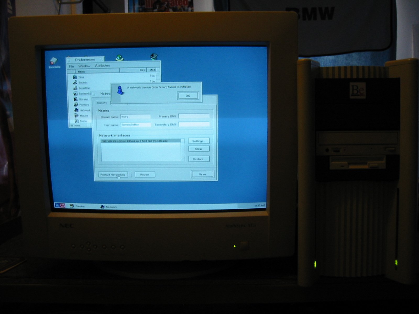BeOS desktop Network preferences panel showing host name BumbleBeBox and domain drury with 3Com EtherLink II ISA adapter on IP 192.168.1.3