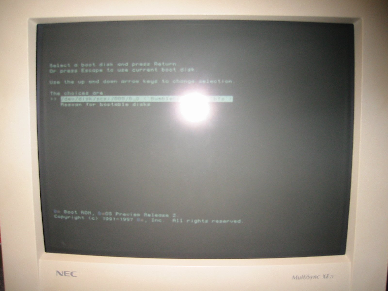 BeBox Boot ROM screen showing BeOS Preview Release 2 disk selection menu copyright 1991 to 1997