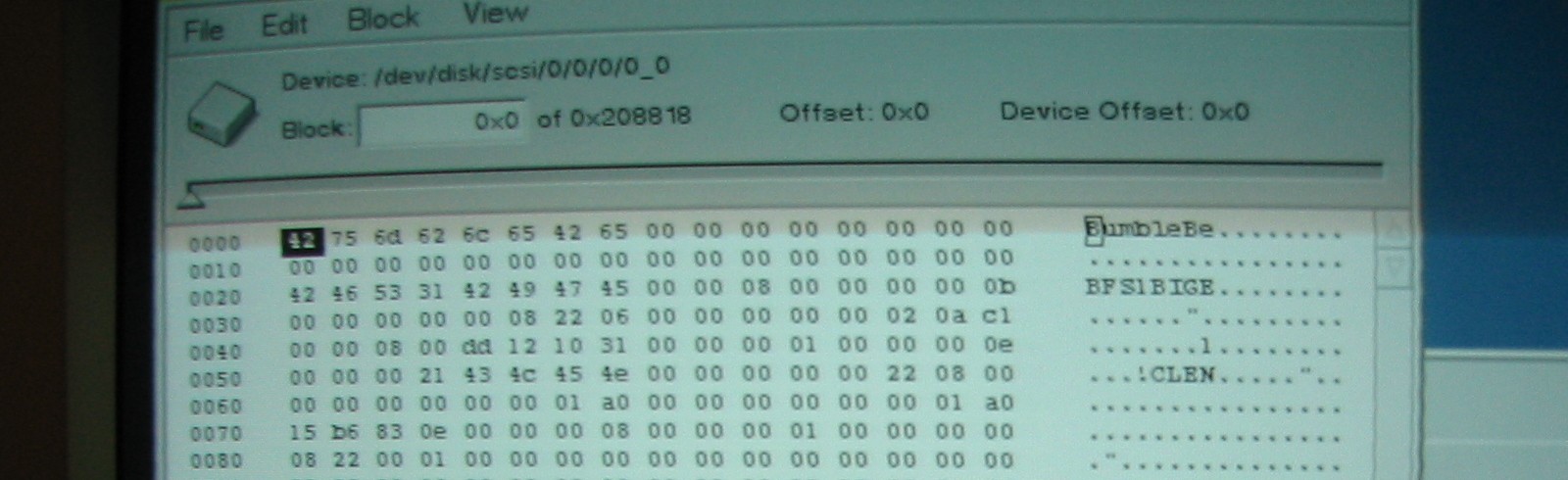 Hex editor view of BeBox boot disk showing the BFS volume header with BumbleBe magic, BFS1 signature, and BIGE big-endian marker, cropped above the directory entries