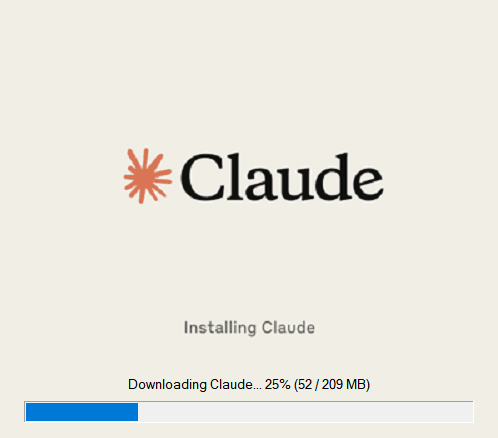 Claude Code desktop app installer progress bar at 25 percent (52 of 209 MB downloaded)