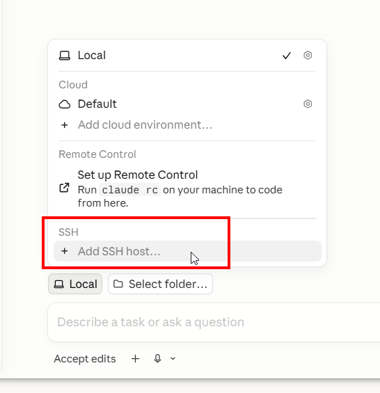 Close-up of the 'Where Claude runs' menu with the 'Add SSH host' option under the SSH section highlighted by a red box