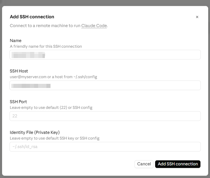 The Add SSH connection dialog with four fields: Name, SSH Host, SSH Port, and Identity File (Private Key)
