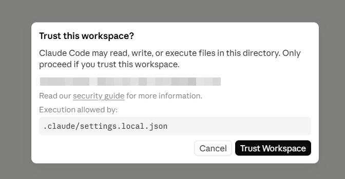 A 'Trust this workspace' confirmation dialog noting that Claude Code may read, write, or execute files in the selected directory