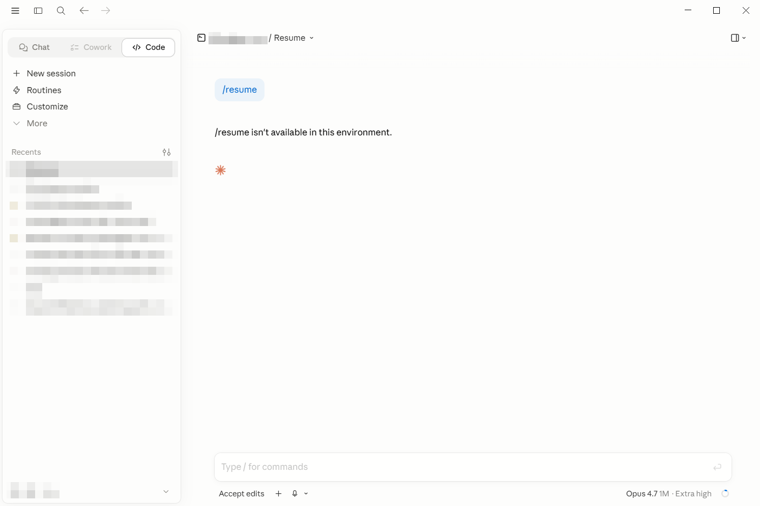 Claude Code desktop app showing the error '/resume isn't available in this environment' after typing /resume at the prompt, with a sparse Recents list visible in the left sidebar