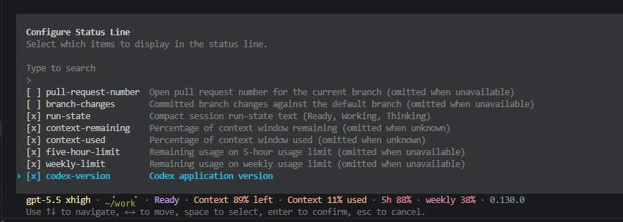 Codex CLI Configure Status Line menu with five-hour-limit and weekly-limit options checked, plus live status line at the bottom reading gpt-5.5 xhigh, Ready, Context 89% left, 5h 88%, weekly 38%