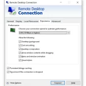 Remote Desktop Connection Experience tab set to LAN (10 Mbps or higher) with all visual features enabled