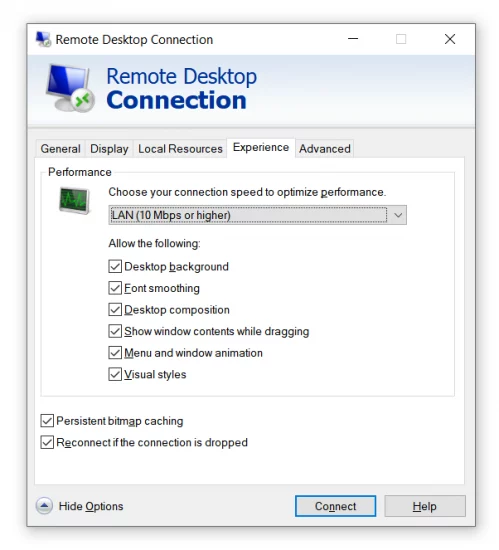 Remote Desktop Connection Experience tab set to LAN (10 Mbps or higher) with all visual features enabled