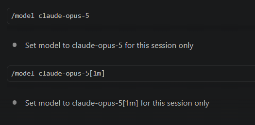 Claude Code autocomplete showing both /model claude-opus-5 and /model claude-opus-5 with a 1m suffix