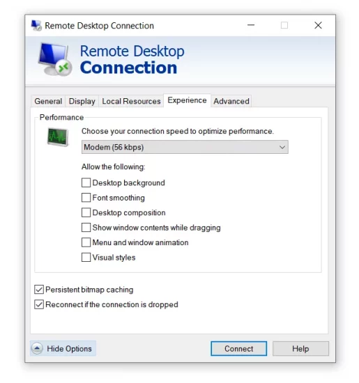Remote Desktop Connection Experience tab with connection speed set to Modem (56 kbps) and all visual features unchecked