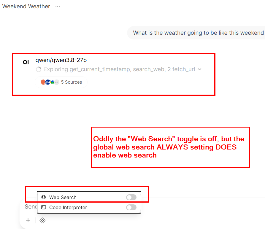 Open WebUI running search_web and returning 5 sources while the Web Search toggle displays off