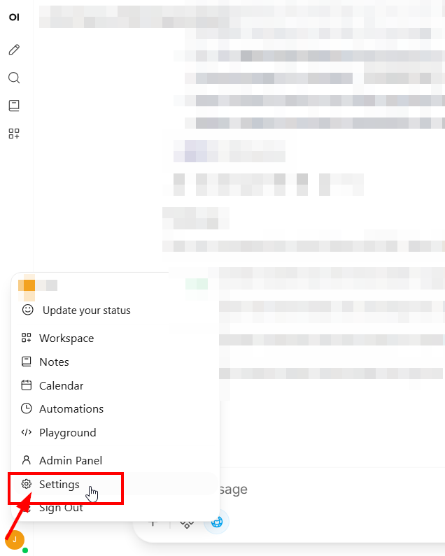Open WebUI avatar menu open with Settings highlighted at the bottom of the list