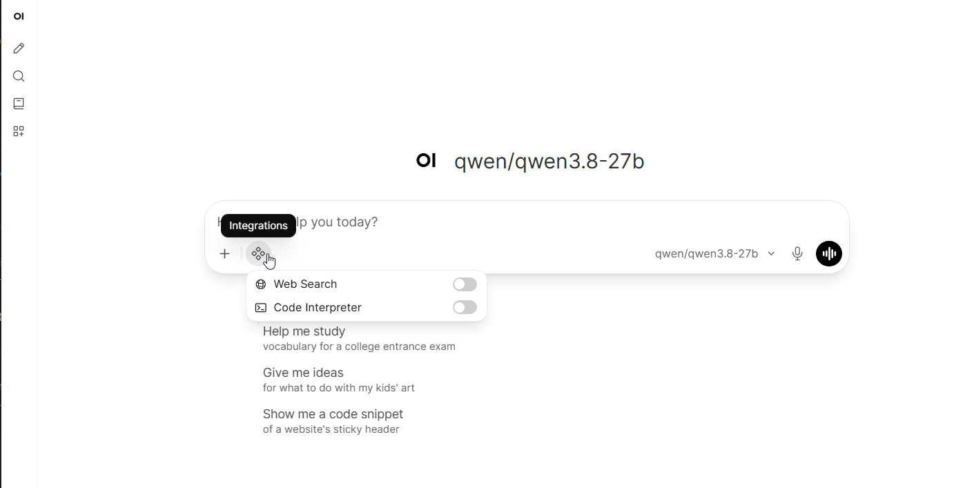 Open WebUI Integrations menu open with Web Search and Code Interpreter toggles both off