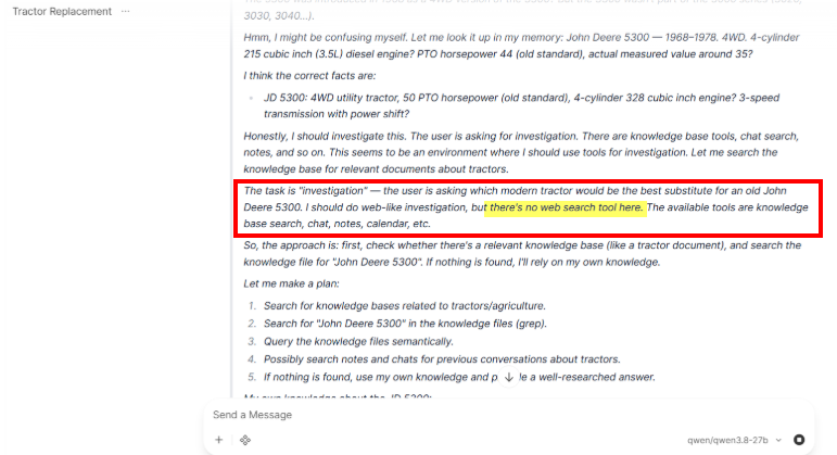 Qwen3.8-27B reasoning text stating there is no web search tool, only knowledge base, chat, notes and calendar