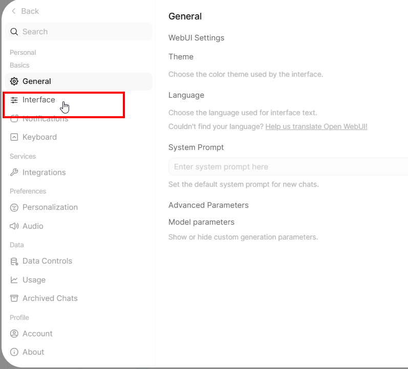 Open WebUI Settings panel with the Interface tab highlighted in the left column