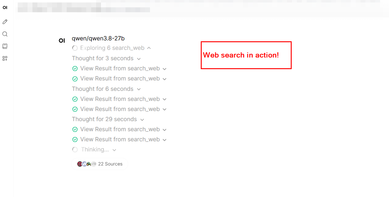 Open WebUI showing Qwen3.8-27B exploring six search_web calls with a 22 Sources pill