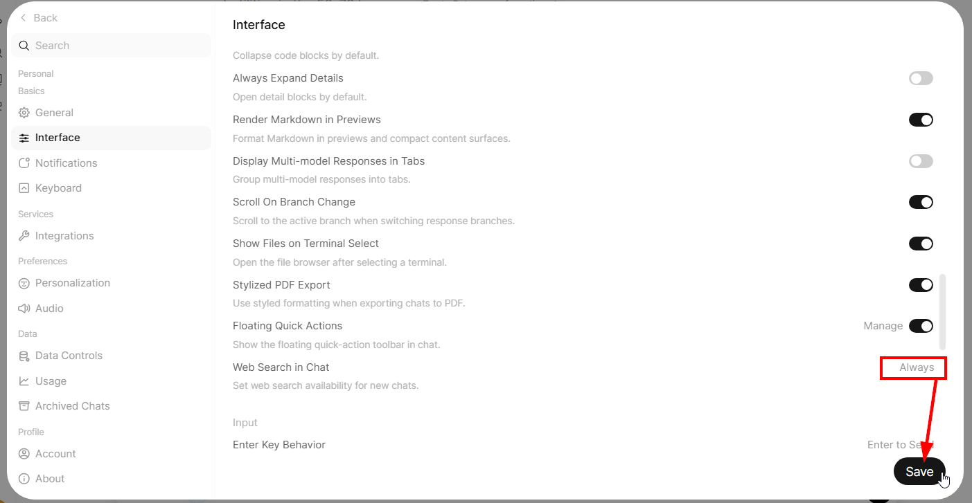 Open WebUI Interface settings showing Web Search in Chat set to Always with the Save button