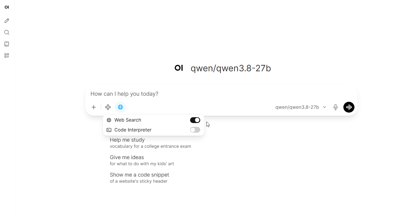 Open WebUI with Web Search toggled on and a blue globe icon added to the input row