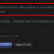Claude Code VS Code panel showing Idle 1h 49m, the prompt cache has likely expired, re-cache about 586k tokens, with a red cache clock in the footer