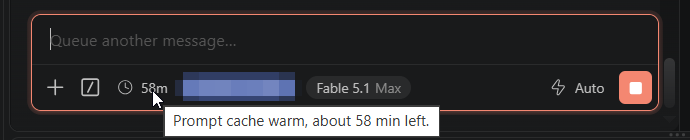 Footer clock showing 58m with tooltip Prompt cache warm, about 58 min left in a Fable 5.1 Max session